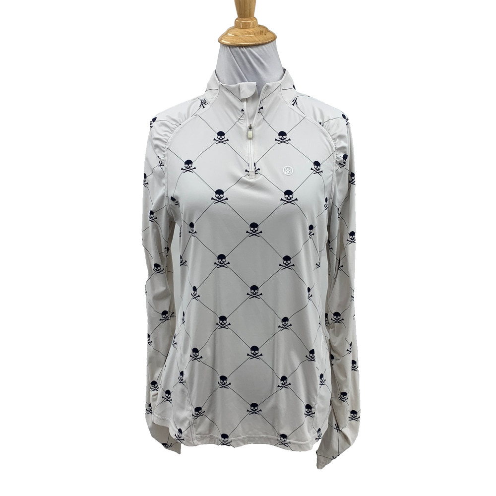 G/Fore Top Womens M Medium White Navy Skull Motif 1/4 Zip Ruched Long Sleeves